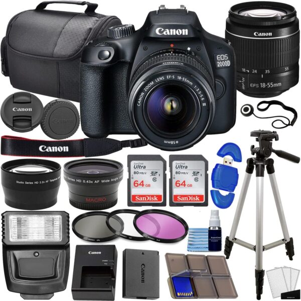Câmera DSLR da Canon EOS 2000d/Rebel T7 com EF-S 18-55mm f/3.5-5.6 Lente 3 Kit de lente: memória de 128 GB + ângulo largo + telefoto + flash