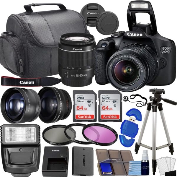 Câmera DSLR da Canon EOS 2000d/Rebel T7 com EF-S 18-55mm f/3.5-5.6 Lente 3 Kit de lente: memória de 128 GB + ângulo largo + telefoto + flash
