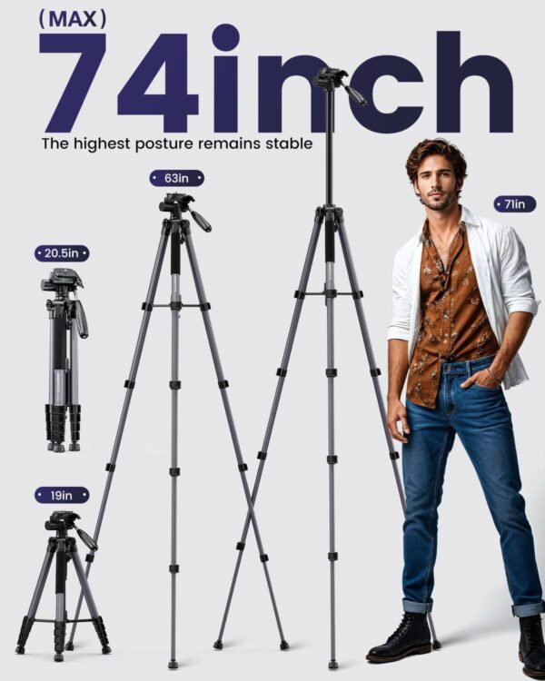 74"-Camera-Tripod, Professional Aluminum Tripod/Leg Stand Mirrorless Camera/DSLR/Cell Phone/Camcorder/GoPro, with Phone Holder and Travel Bag (Gunmetal Gray) Weight 2.8 lbs Load 8.8 lbs - Image 4