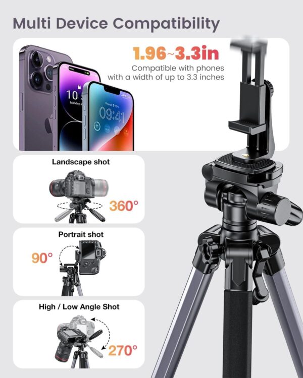 74"-Camera-Tripod, Professional Aluminum Tripod/Leg Stand Mirrorless Camera/DSLR/Cell Phone/Camcorder/GoPro, with Phone Holder and Travel Bag (Gunmetal Gray) Weight 2.8 lbs Load 8.8 lbs - Image 5