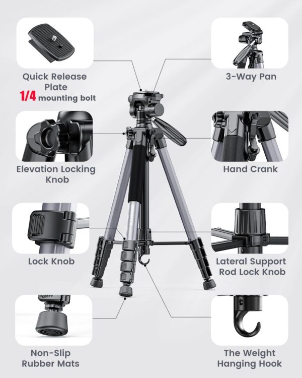74"-Camera-Tripod, Professional Aluminum Tripod/Leg Stand Mirrorless Camera/DSLR/Cell Phone/Camcorder/GoPro, with Phone Holder and Travel Bag (Gunmetal Gray) Weight 2.8 lbs Load 8.8 lbs - Image 6