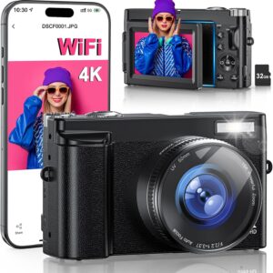 4K Digital Camera for Photography, WiFi 64MP 180° Flip Screen 3" Autofocus Vlogging Camera for YouTube, 16X Zoom Compact Point and Shoot Cameras for Beginner with 32GB Card, 2 Batteries