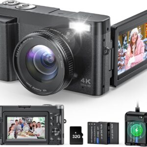 4K Digital Camera for Photography and Video, Autofocus Anti-Shake 48MP Vlogging Camera for YouTube, 3'' 180°Flip Screen Camera with Flash 16X Zoom, Digital Camera with 32GB Card Battery Charger Black