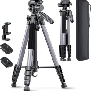 74"-Camera-Tripod, Professional Aluminum Tripod/Leg Stand Mirrorless Camera/DSLR/Cell Phone/Camcorder/GoPro, with Phone Holder and Travel Bag (Gunmetal Gray) Weight 2.8 lbs Load 8.8 lbs