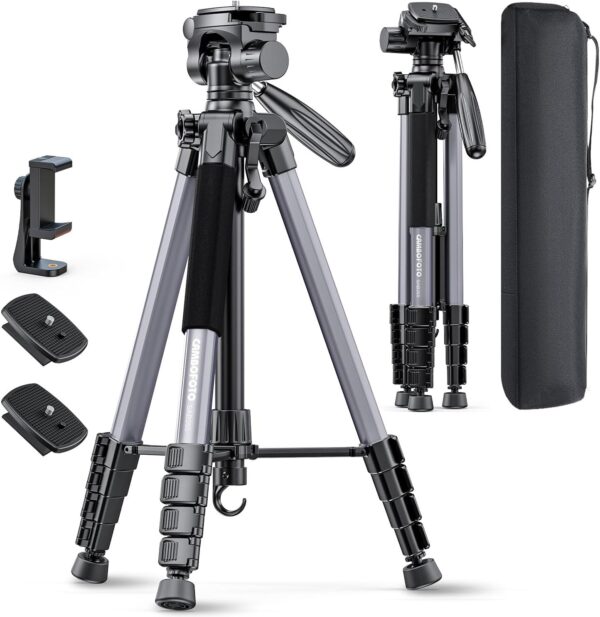 74"-Camera-Tripod, Professional Aluminum Tripod/Leg Stand Mirrorless Camera/DSLR/Cell Phone/Camcorder/GoPro, with Phone Holder and Travel Bag (Gunmetal Gray) Weight 2.8 lbs Load 8.8 lbs