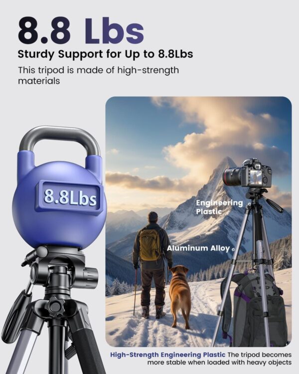 74"-Camera-Tripod, Professional Aluminum Tripod/Leg Stand Mirrorless Camera/DSLR/Cell Phone/Camcorder/GoPro, with Phone Holder and Travel Bag (Gunmetal Gray) Weight 2.8 lbs Load 8.8 lbs - Image 2