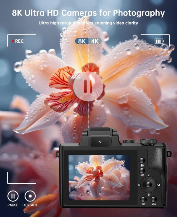 8K Digital Cameras for Photography - Autofocus 88MP WiFi Vlogging Camera for YouTube with Dual-Lens - 16X Digital Zoom Vlog Camera with Lens Hood, Flash, Touch Screen, 2 Batteries, 32GB TF Card - Image 2