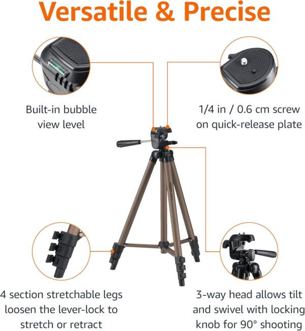Amazon Basics 50-inch Lightweight Portable Camera Mount Tripod Stand with Bag, for Travel Photography, Champagne - Image 2