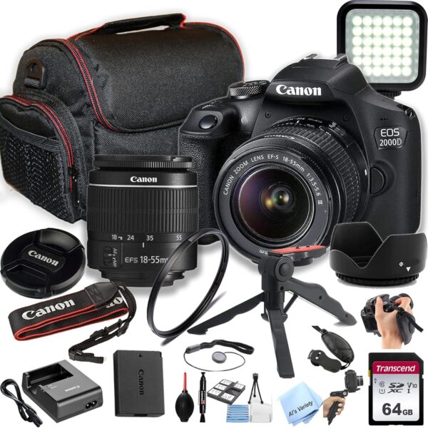 Câmera DSLR da Canon EOS 2000d/Rebel T7 com EF-S 18-55mm f/3.5-5.6 Lente Zoom + Memória de 64 GB, Luz de Vídeo LED, Case, Gripster Tripod e More (Bundle essencial) (renovado)