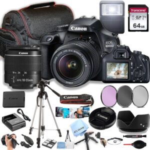 Câmera DSLR da Canon EOS 4000D/Rebel T100 DSLR com EF-S 18-55mm f/3,5-5.6 Lente Zoom + Memória de 64 GB, Filtros, Caso, Tripé, Flash e Mais (Pacote 34pc) (Renovado)
