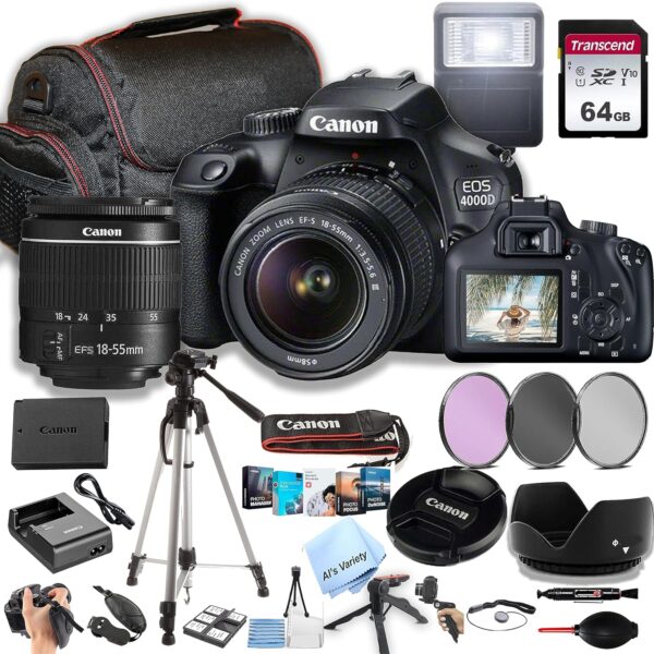 Câmera DSLR da Canon EOS 4000D/Rebel T100 DSLR com EF-S 18-55mm f/3,5-5.6 Lente Zoom + Memória de 64 GB, Filtros, Caso, Tripé, Flash e Mais (Pacote 34pc) (Renovado)