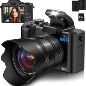 Câmera digital 8K, câmeras de 88MP para fotografia com WiFi & Touch Screen, câmera de vlogging de zoom 16x para vídeo do YouTube, foco automático e anti-shake, câmera dupla, 2 baterias, cartão de 64 GB, flash, lente capuz
