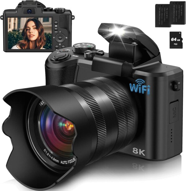 Câmera digital 8K, câmeras de 88MP para fotografia com WiFi & Touch Screen, câmera de vlogging de zoom 16x para vídeo do YouTube, foco automático e anti-shake, câmera dupla, 2 baterias, cartão de 64 GB, flash, lente capuz