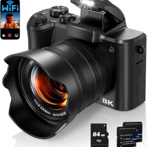 Câmera digital de 8k para fotografia, câmera de vlogging de foco automático de 88MP para vídeo do YouTube com lente dianteiro e traseiro, flash, tela de toque, capuz de lente, cartão de 64 GB, 2 baterias (preto)
