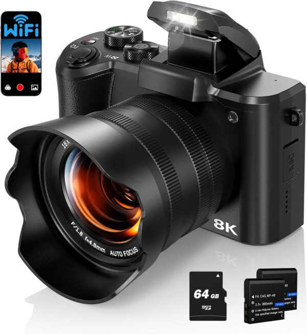 Câmera digital de 8k para fotografia, câmera de vlogging de foco automático de 88MP para vídeo do YouTube com lente dianteiro e traseiro, flash, tela de toque, capuz de lente, cartão de 64 GB, 2 baterias (preto)