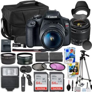 Canon EOS Rebel T7 DSLR Camera with 18-55mm Lens Bundle with Extra Canon Battery + 2X 64GB Memory Cards + Accessory Kit Including Bag, Flash, Remote, Aux Lenses, Software & More