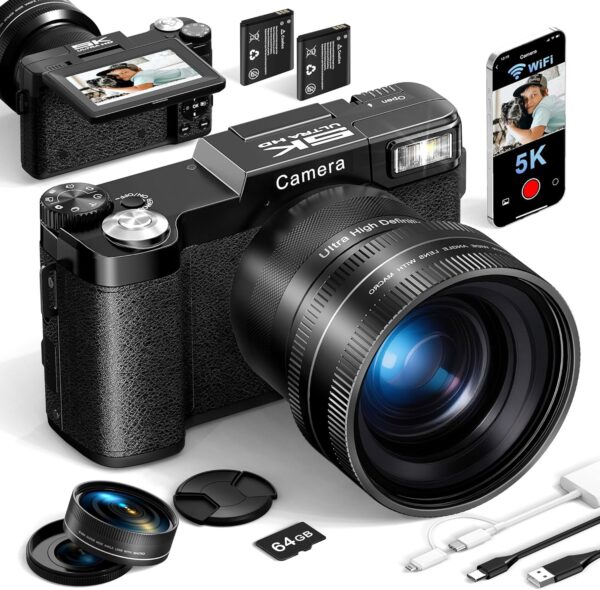 FLATIC Digital Camera with WiFi, 5K 64MP Cameras for Photography with 180° Flip Screen for YouTube, 18X Zoom Autofoucs Vlogging Camera with 64GB Card, Wide & Macro Lens, 2 Batteries, Card Reader