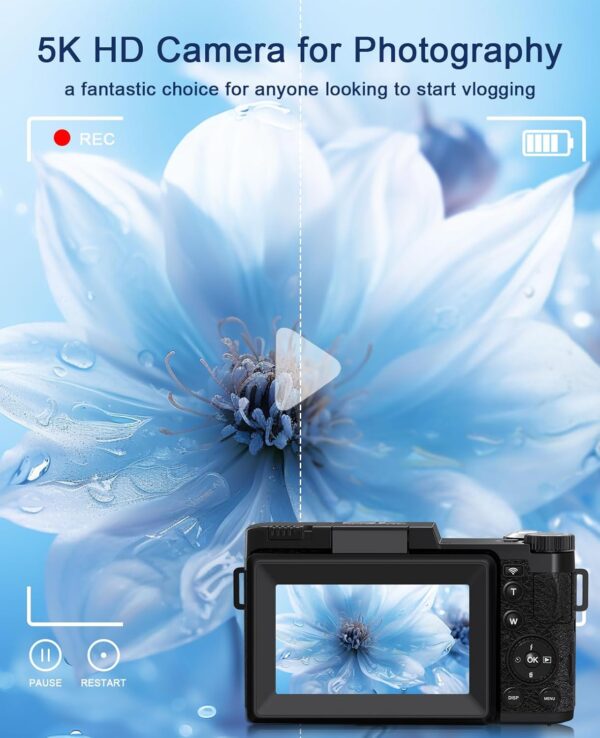 FLATIC Digital Camera with WiFi, 5K 64MP Cameras for Photography with 180° Flip Screen for YouTube, 18X Zoom Autofoucs Vlogging Camera with 64GB Card, Wide & Macro Lens, 2 Batteries, Card Reader - Image 2