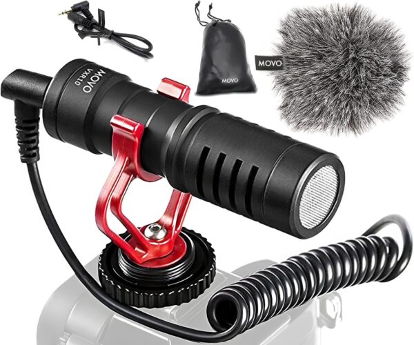 MOVO VXR10 MICL UNIVERSAL SPINGUN para câmera - Microfone de câmera para smartphones DSLR, iPhone e Android - Compatível com Canon EOS, Nikon e Sony Cameras - com Mount Shop, Deadcat Windscreen
