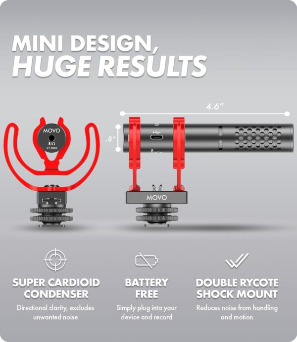Movo X1-Mini Video Shotgun Mic for Camera - Supercardioid 3.5mm/USB-C Analog/Digital Camera Microphone for DSLR, iPhone and Android Smartphones, Computers - Compatible with Canon EOS, Nikon, Sony - Image 2