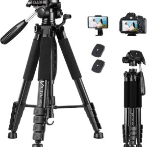 Tripé da câmera Victiv 74 ”, tripé para câmera e telefone, o tripé profissional de alumínio Stand para Canon Nikon com bolsa de transporte e suporte de telefone, compatível com DSLR, iPhone, Spotting Scopes, Max Load 9.5lb
