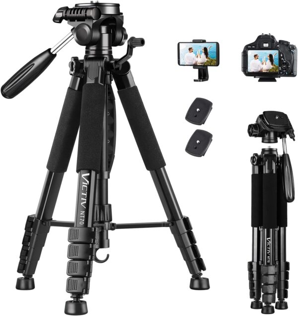 Tripé da câmera Victiv 74 ”, tripé para câmera e telefone, o tripé profissional de alumínio Stand para Canon Nikon com bolsa de transporte e suporte de telefone, compatível com DSLR, iPhone, Spotting Scopes, Max Load 9.5lb